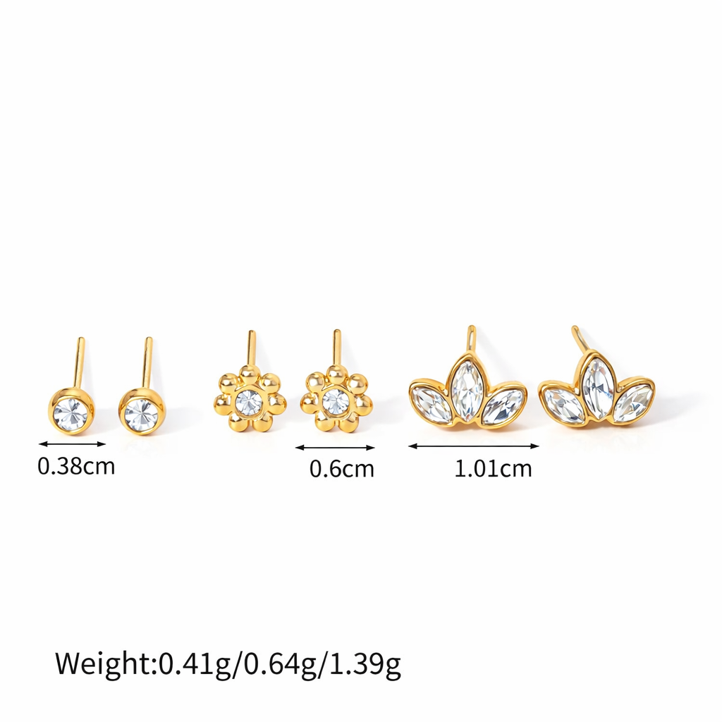 Gold CZ Stud Earrings Set(3 Pairs)
