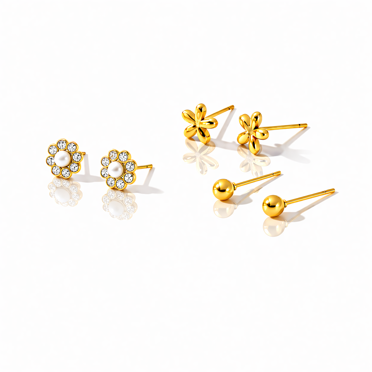 Floral Pearl & CZ  Stud Set (3 Pairs)