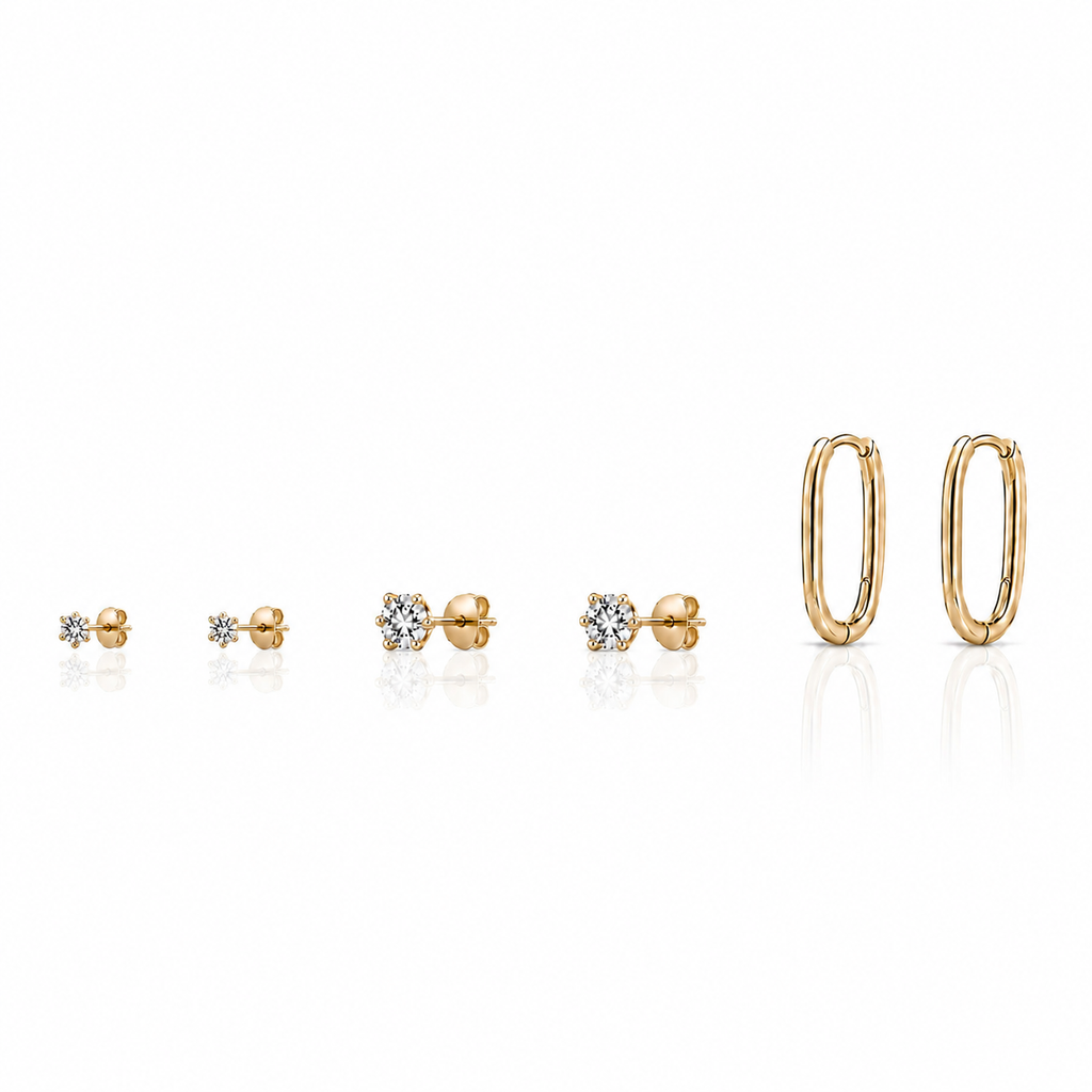 Rectangle Hoops & CZ Stud Earrings Set