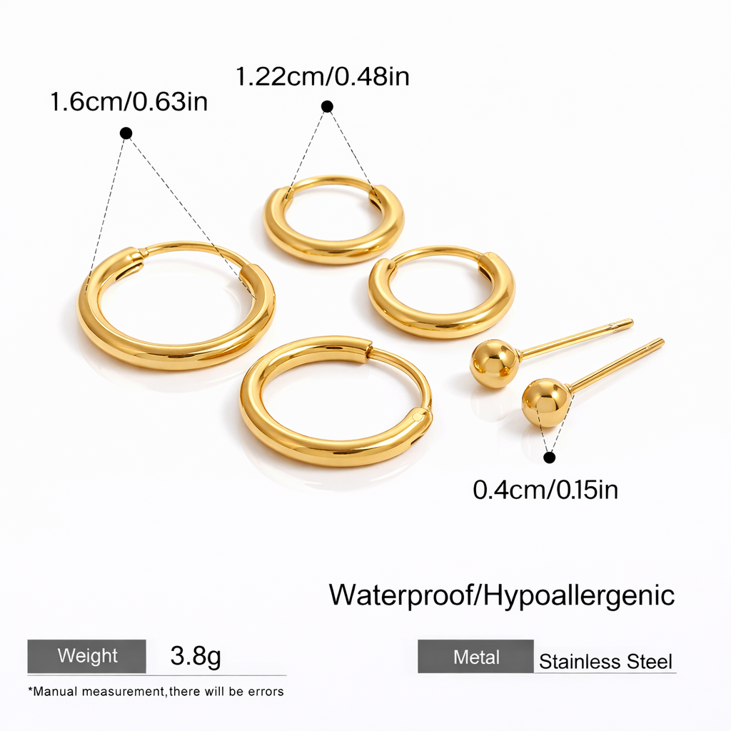 Gold Hoop & Stud Earrings set (3 pairs)