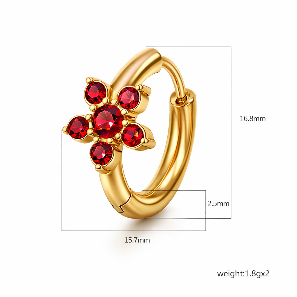 Floral Huggie Earrings - Red CZ