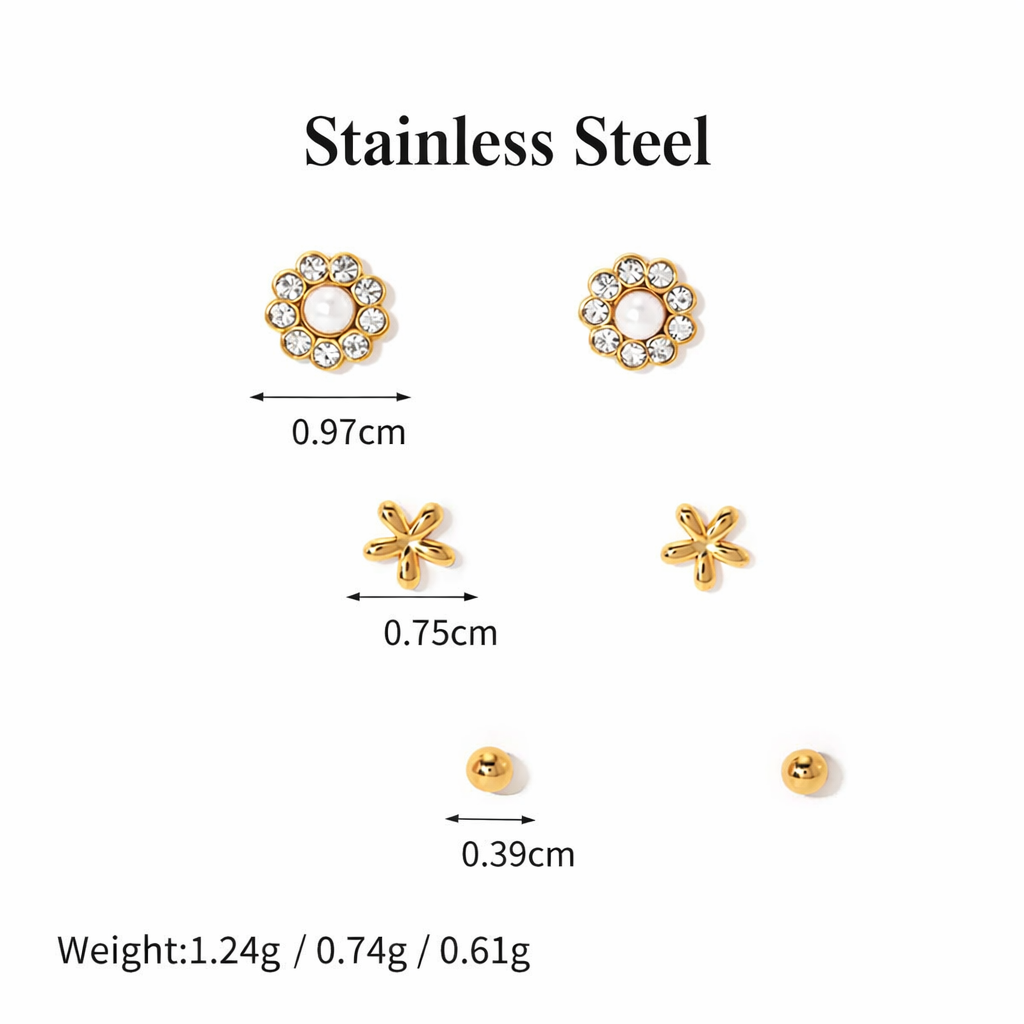 Floral Pearl & CZ  Stud Set (3 Pairs)