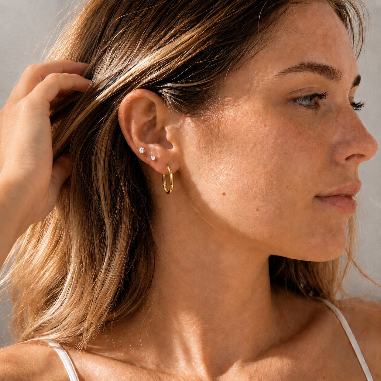 Rectangle Hoops & CZ Stud Earrings Set