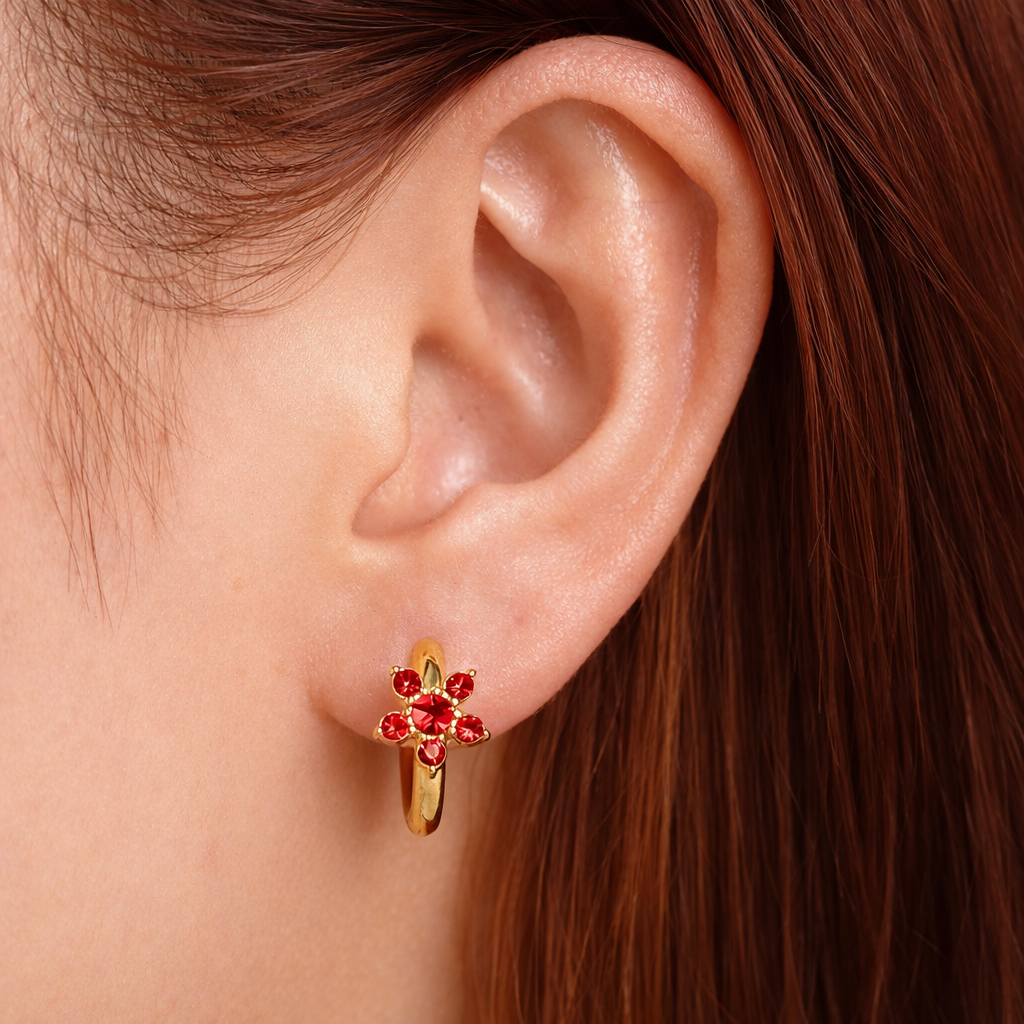 Floral Huggie Earrings - Red CZ