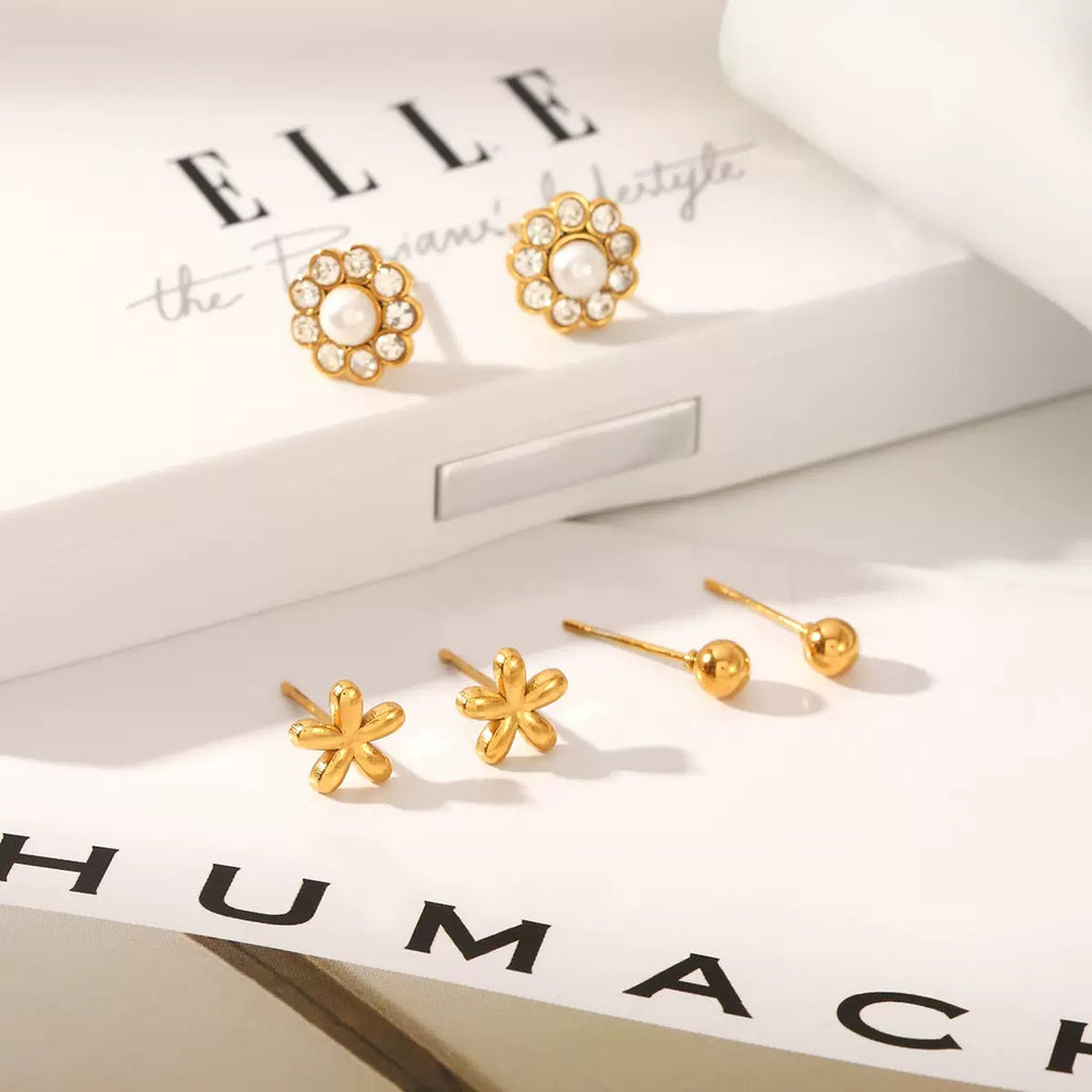 Floral Pearl & CZ  Stud Set (3 Pairs)