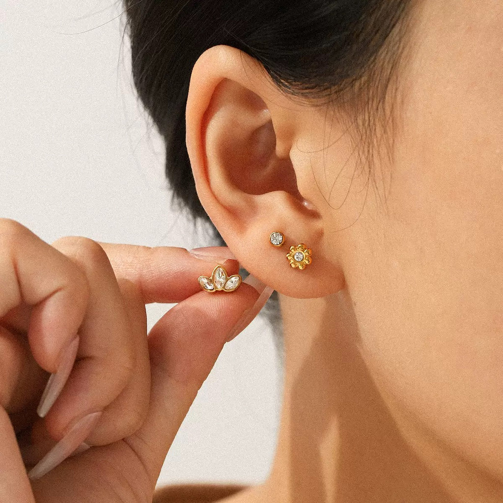 Gold CZ Stud Earrings Set(3 Pairs)