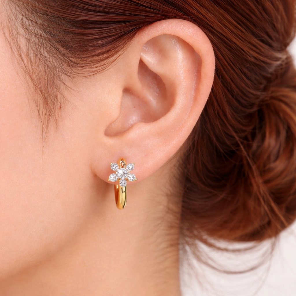 Floral Huggie Earrings - White CZ