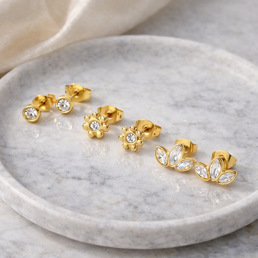Gold CZ Stud Earrings Set(3 Pairs)