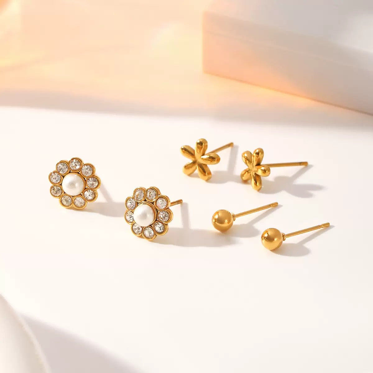 Floral Pearl & CZ  Stud Set (3 Pairs)