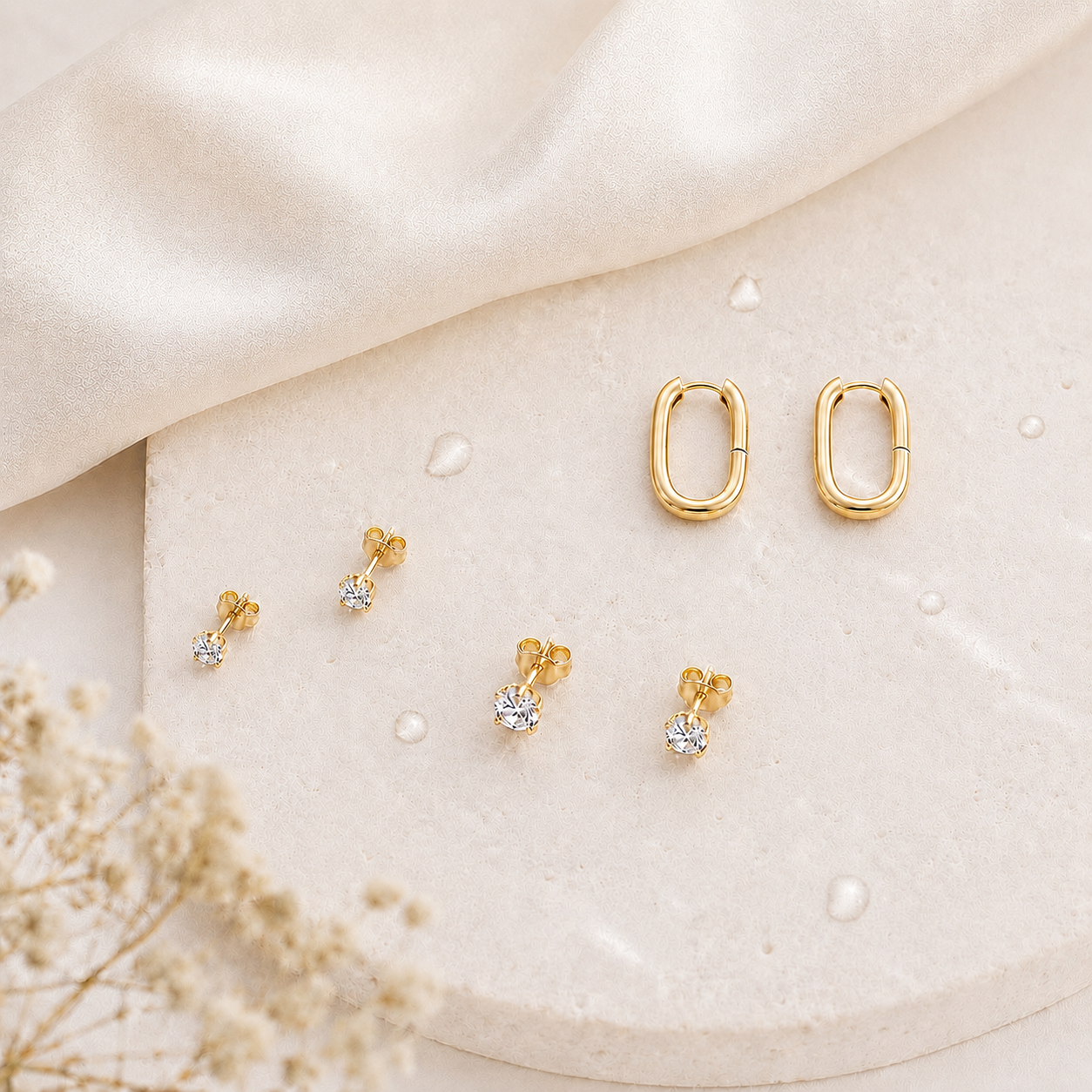 Rectangle Hoops & CZ Stud Earrings Set