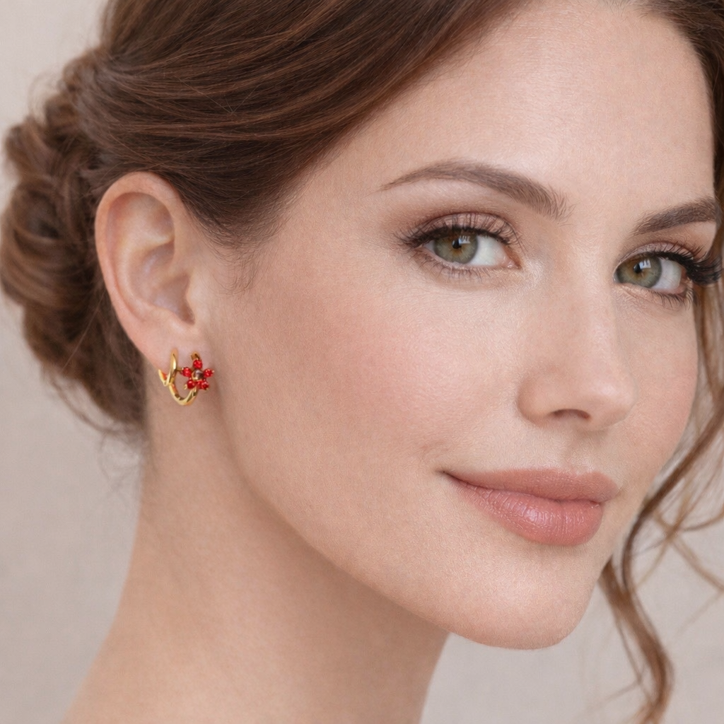 Floral Huggie Earrings - Red CZ