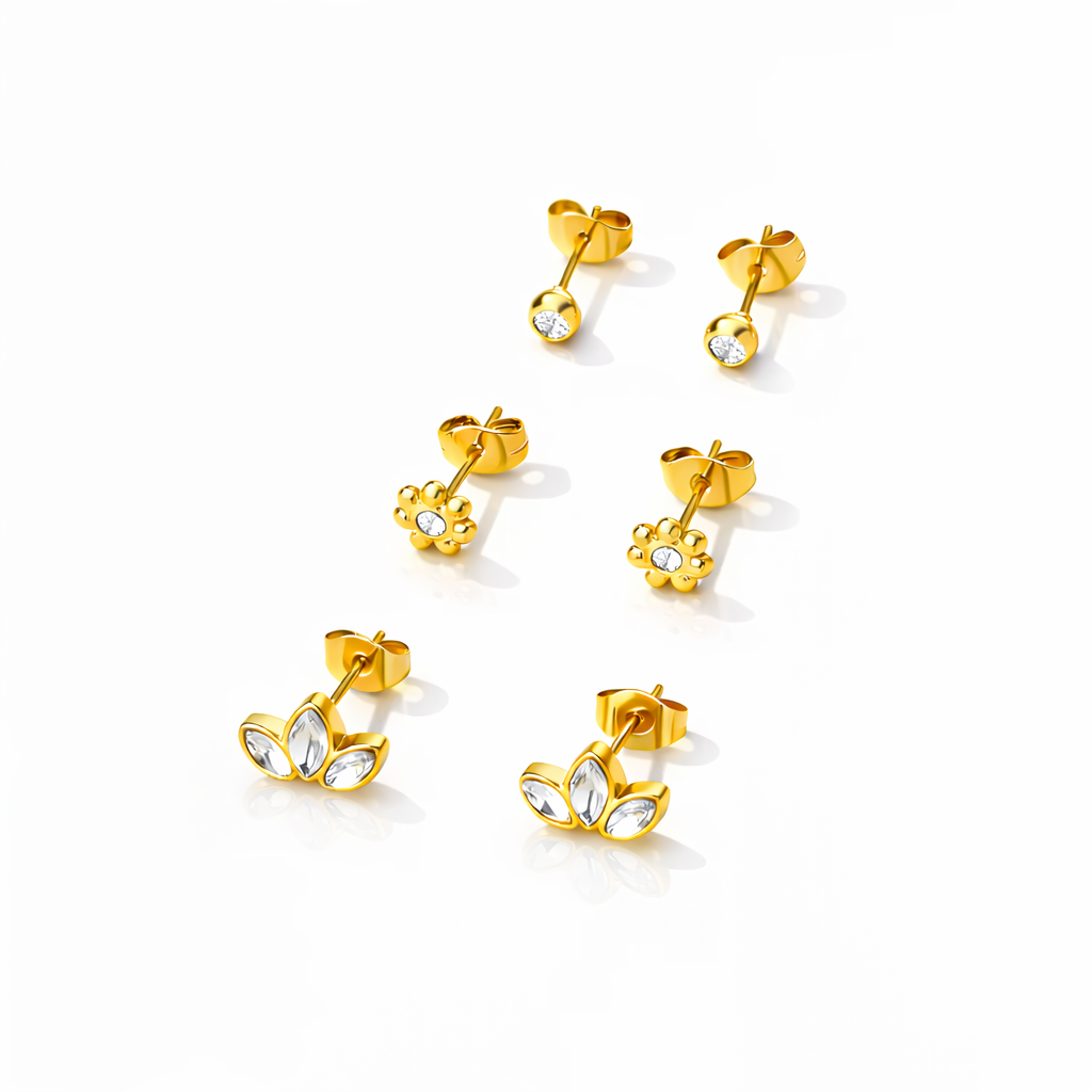 Gold CZ Stud Earrings Set(3 Pairs)