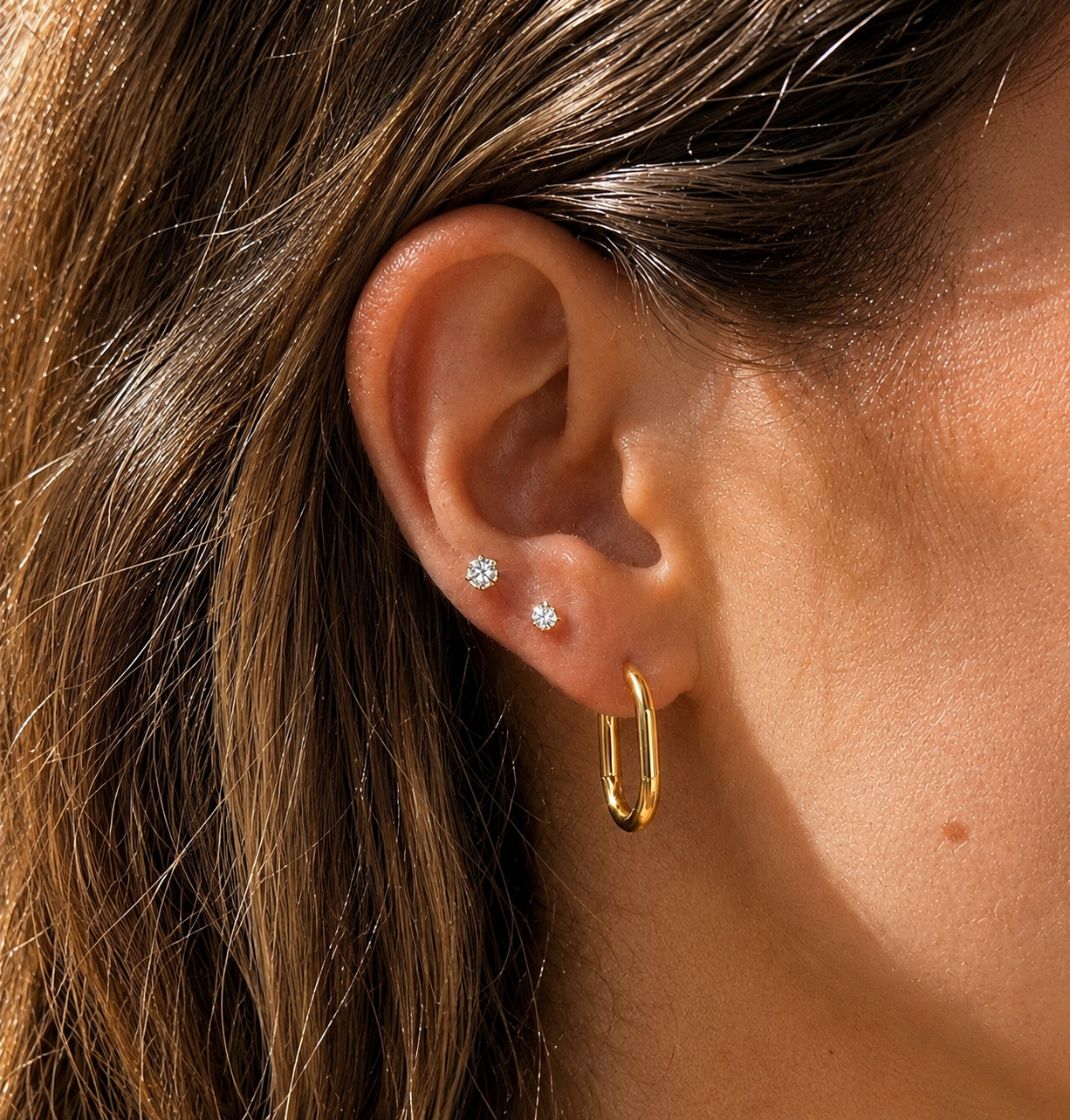 Rectangle Hoops & CZ Stud Earrings Set