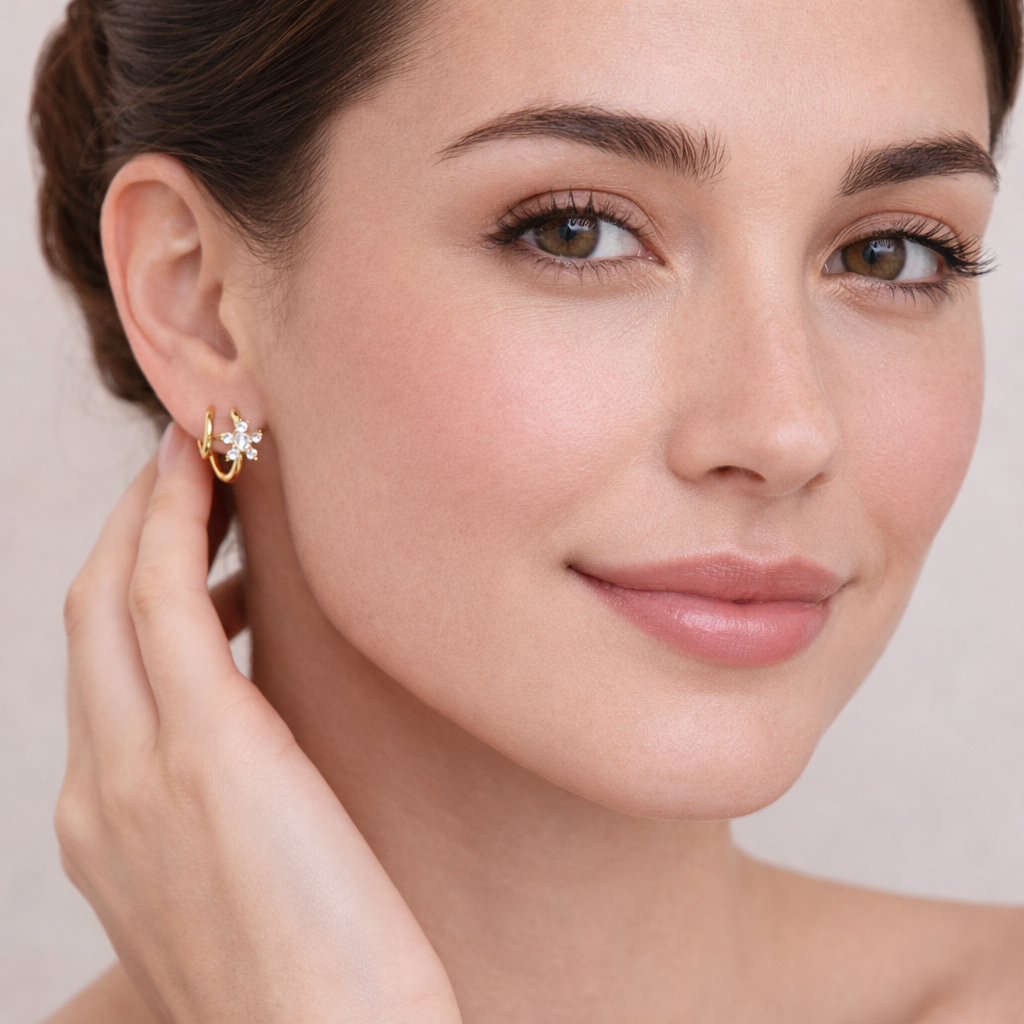 Floral Huggie Earrings - White CZ