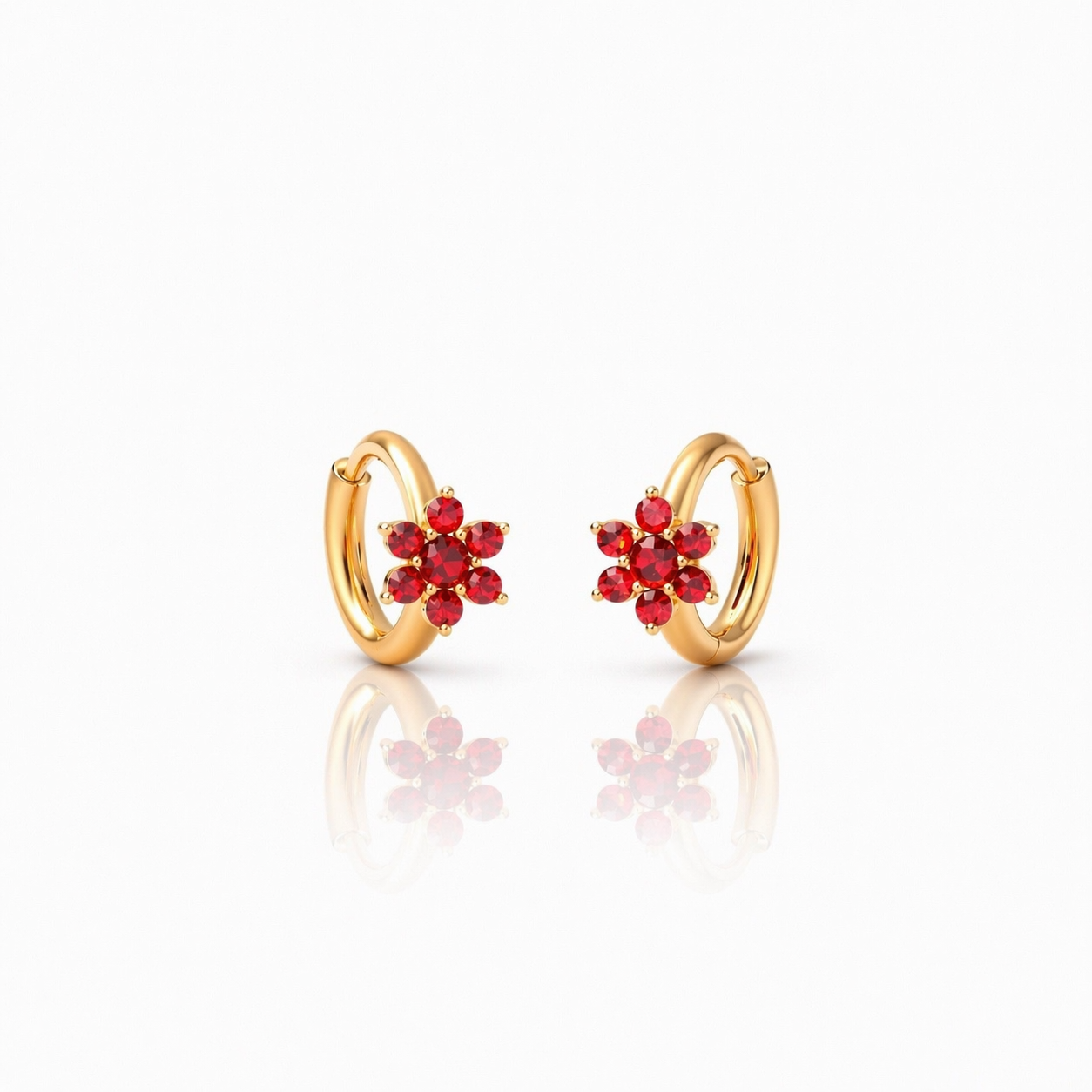 Floral Huggie Earrings - Red CZ