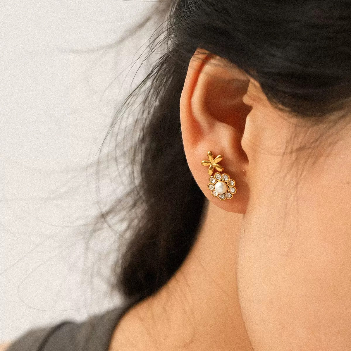 Floral Pearl & CZ  Stud Set (3 Pairs)