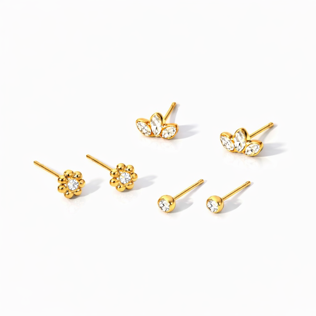 Gold CZ Stud Earrings Set(3 Pairs)