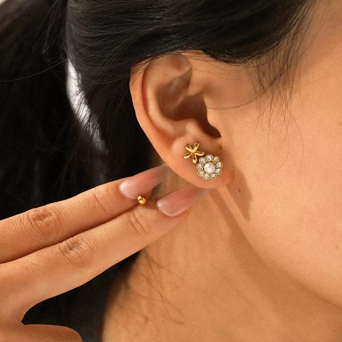 Floral Pearl & CZ  Stud Set (3 Pairs)