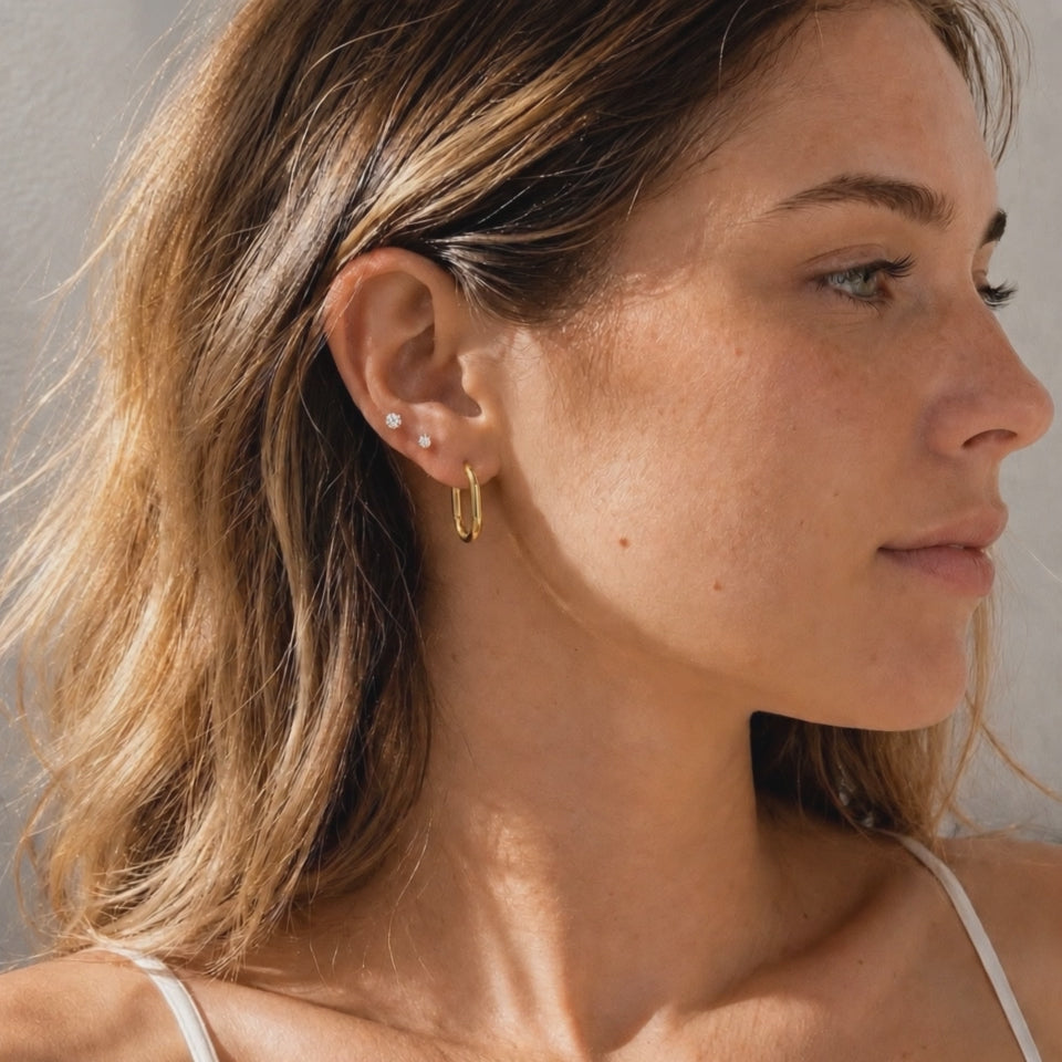 Rectangle Hoops & CZ Stud Earrings Set